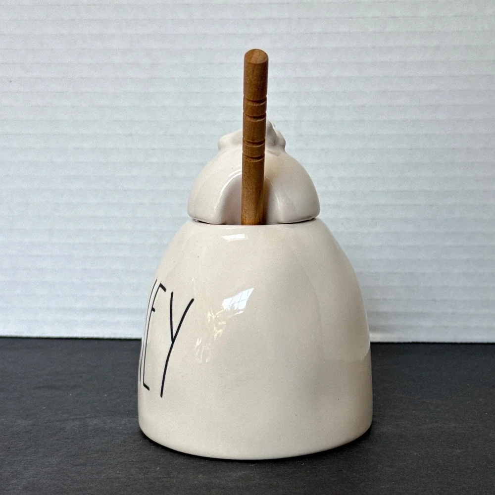 Rae Dunn Honey Pot Ceramic Jar with Lid and Wooden Dipper Bee Finial White